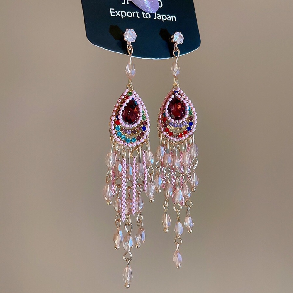 Beaded Teardrop Fringe Earrings - Pink Multicolor